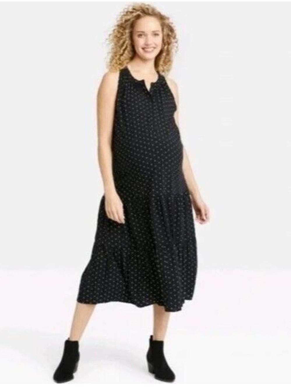 NWT The Nines by Hatch Maternity Dress Black Sleeveless Tiered Midi Size XS